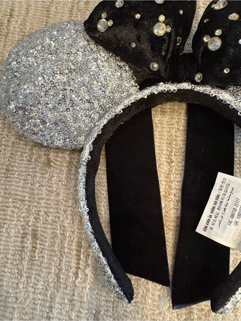 Disney Silver Sequin Minnie Ears Headband with Black Jeweled Bow